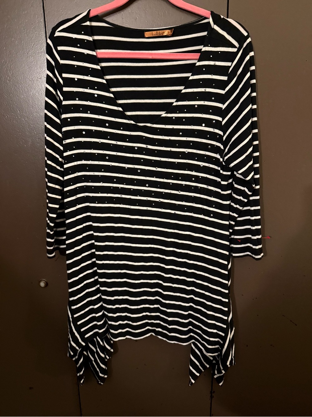 Belldini Black and White Striped V-Neck Tunic with Stud Details